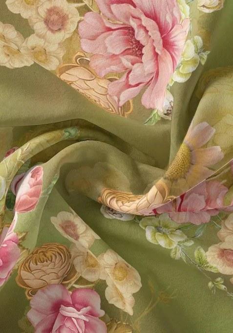 Olive Green Floral Printed Silk Lehenga Set