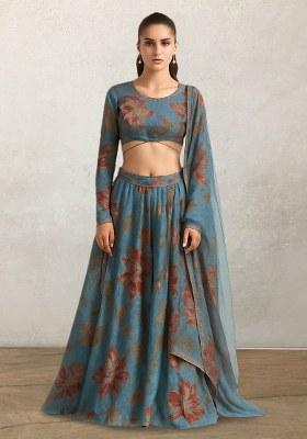 Light Blue Printed Embroidereded Organza Lehenga Set
