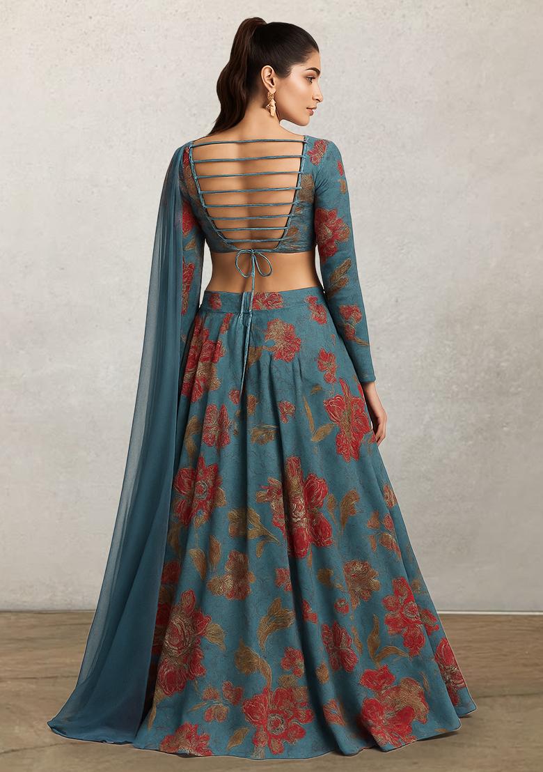 Light Blue Printed Embroidereded Organza Lehenga Set