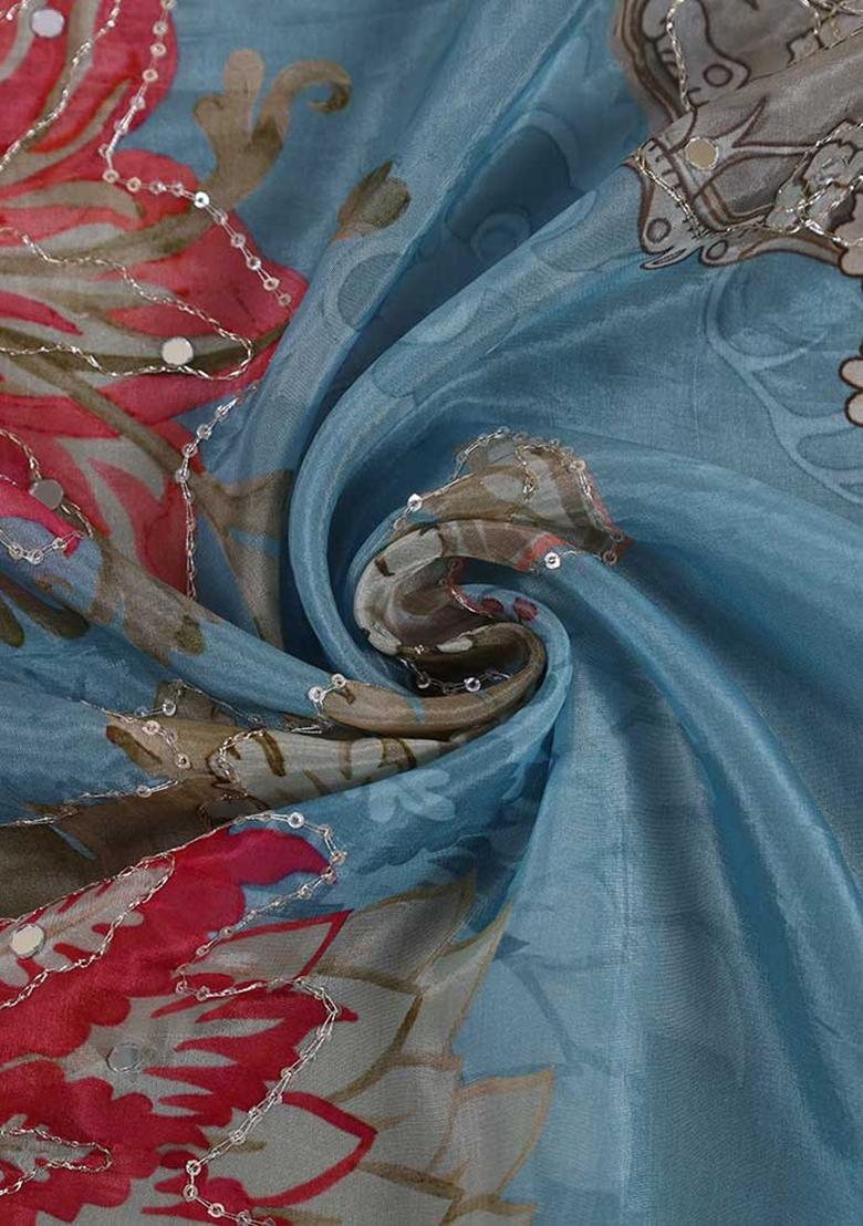 Light Blue Printed Embroidereded Organza Lehenga Set