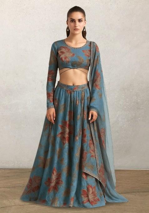 Light Blue Printed Embroidereded Organza Lehenga Set