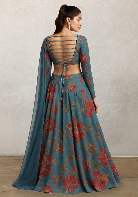 Light Blue Printed Embroidereded Organza Lehenga Set