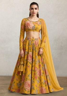 Yellow Floral Printed Organza Lehenga Set
