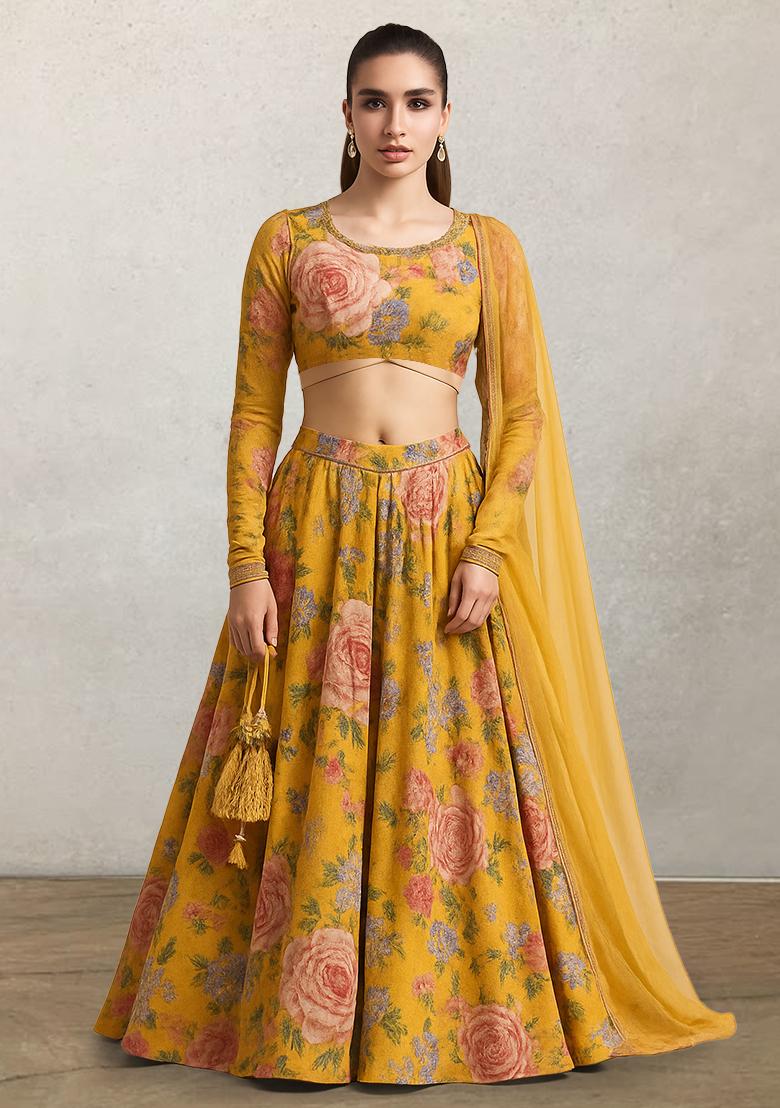 Yellow Floral Printed Organza Lehenga Set