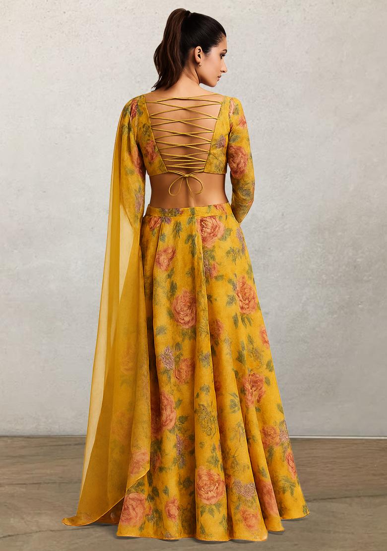 Yellow Floral Printed Organza Lehenga Set - Indya