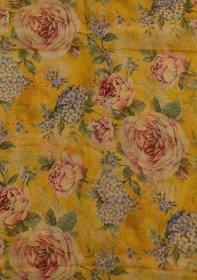 Yellow Floral Printed Organza Lehenga Set