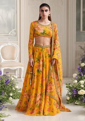 Yellow Floral Printed Organza Lehenga Set