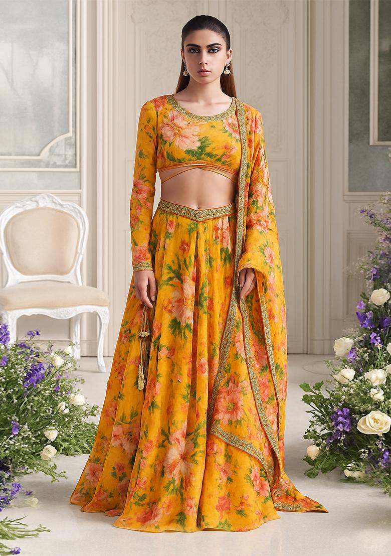 Yellow Floral Printed Organza Lehenga Set