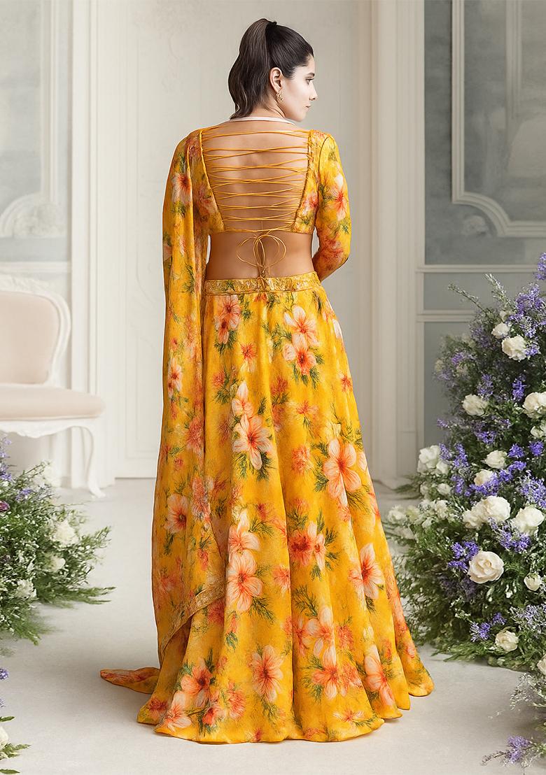 Yellow Floral Printed Organza Lehenga Set - Indya