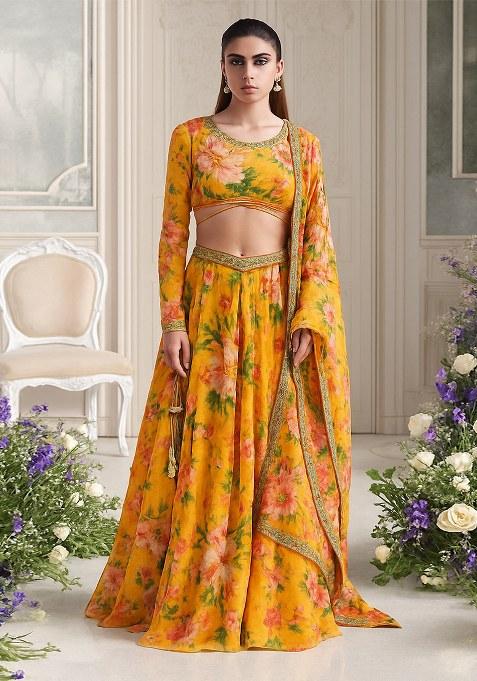 Yellow Floral Printed Organza Lehenga Set