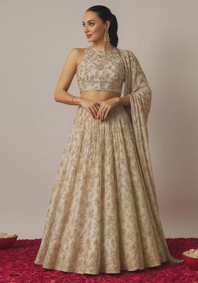 Off White Sequin Embroidered Georgette Lehenga Set