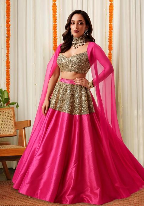 Hot Pink Sequin Embellished Blouse Georgette Lehenga Set