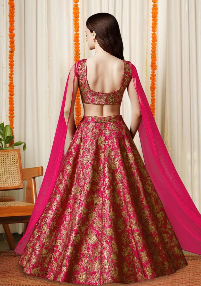 Pink Brocade Lehenga Set - Indya