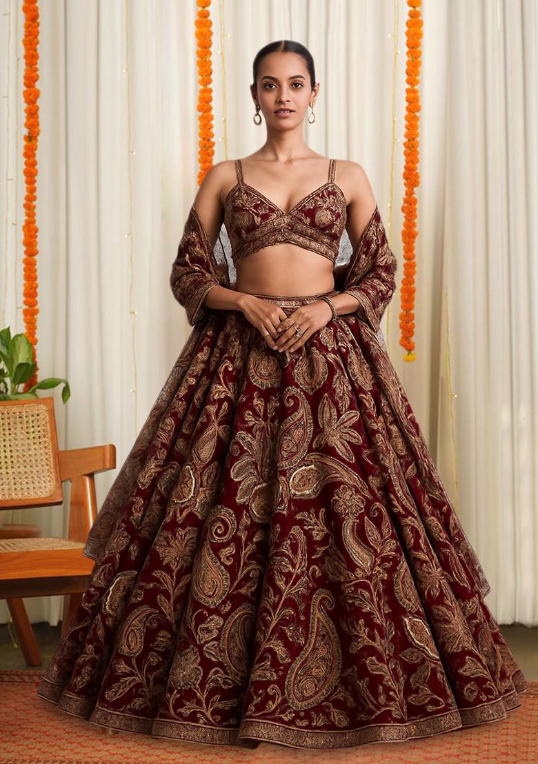 Maroon Embroidered Crepe Lehenga Set
