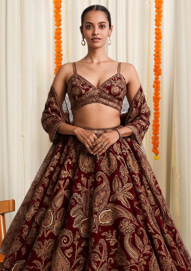 Maroon Embroidered Crepe Lehenga Set - Indya
