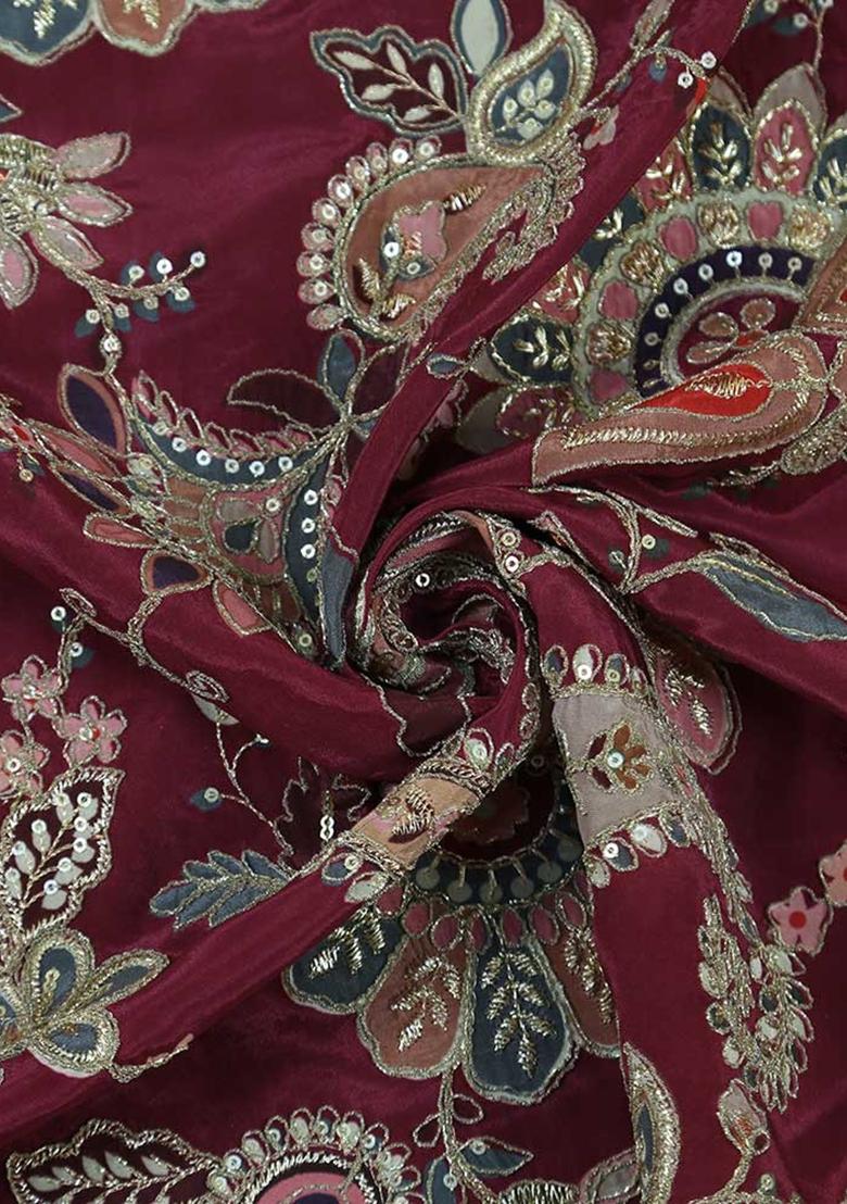 Maroon Embroidered Crepe Lehenga Set