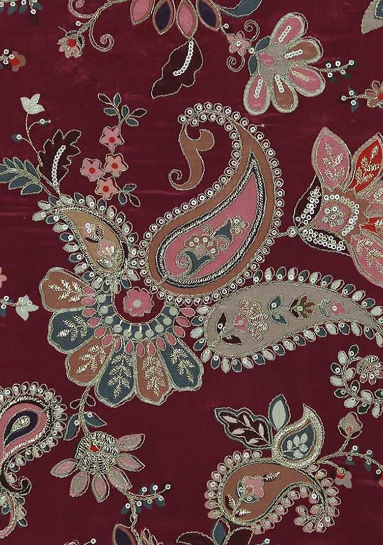 Maroon Embroidered Crepe Lehenga Set - Indya