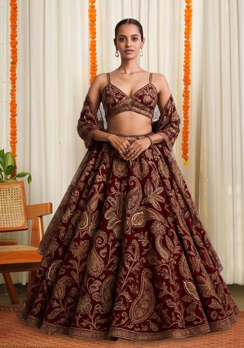 Maroon Embroidered Crepe Lehenga Set