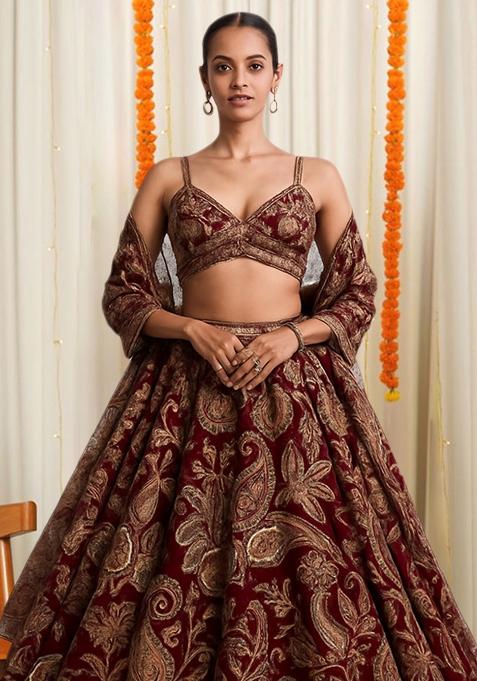 Maroon Embroidered Crepe Lehenga Set
