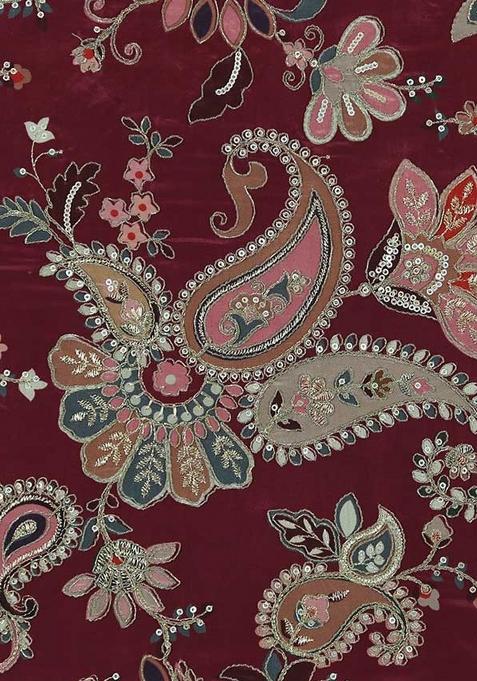 Maroon Embroidered Crepe Lehenga Set