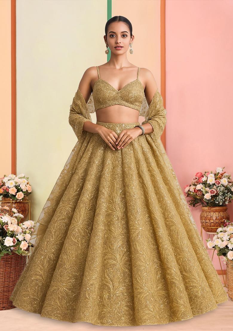 Golden Embroidered Net Lehenga Set