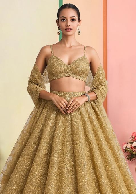 Golden Embroidered Net Lehenga Set