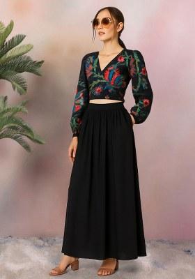 Black Georgette Printed Embroidered Crop Top And Skirt Set