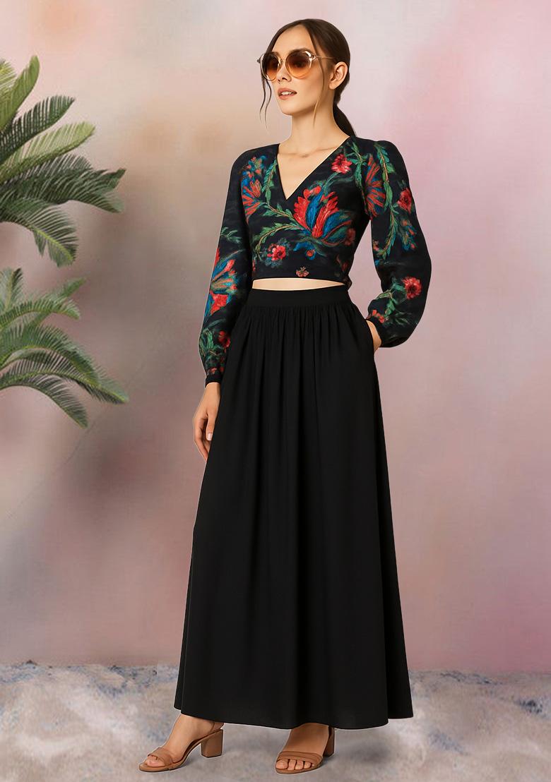 Black Georgette Printed Embroidered Crop Top And Skirt Set