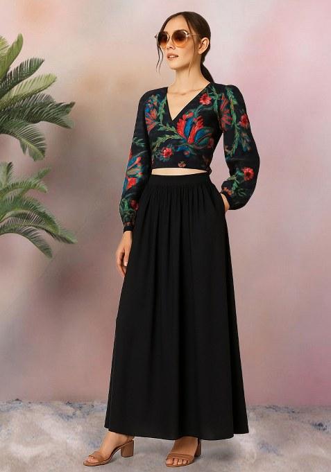 Black Georgette Printed Embroidered Crop Top And Skirt Set