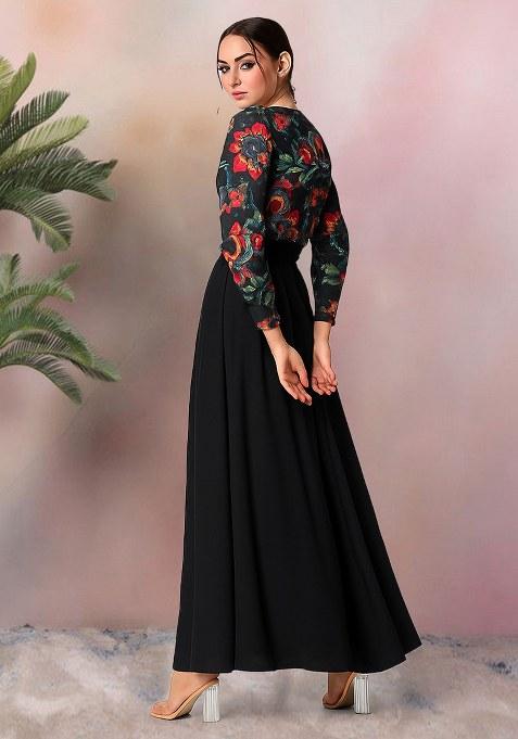 Black Georgette Printed Embroidered Crop Top And Skirt Set