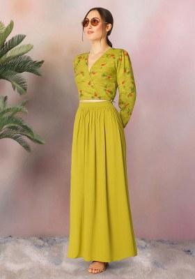 Yellow Georgette Printed Embroidered Crop Top And Skirt Set