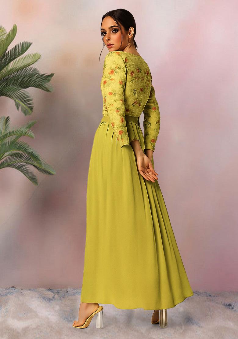 Yellow Georgette Printed Embroidered Crop Top And Skirt Set - Indya