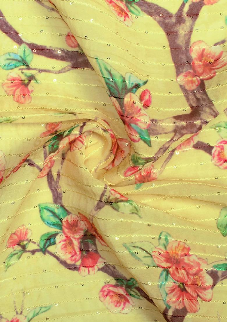 Yellow Georgette Printed Embroidered Crop Top And Skirt Set