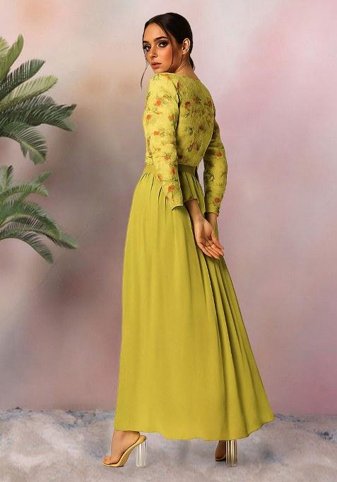 Yellow Georgette Printed Embroidered Crop Top And Skirt Set