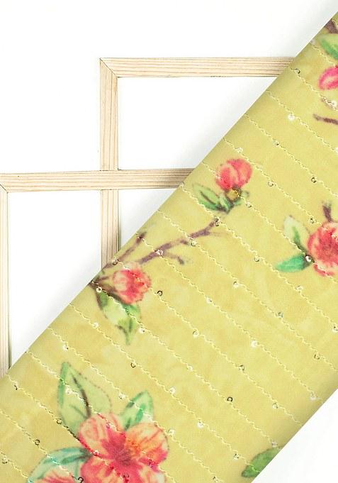 Yellow Georgette Printed Embroidered Crop Top And Skirt Set