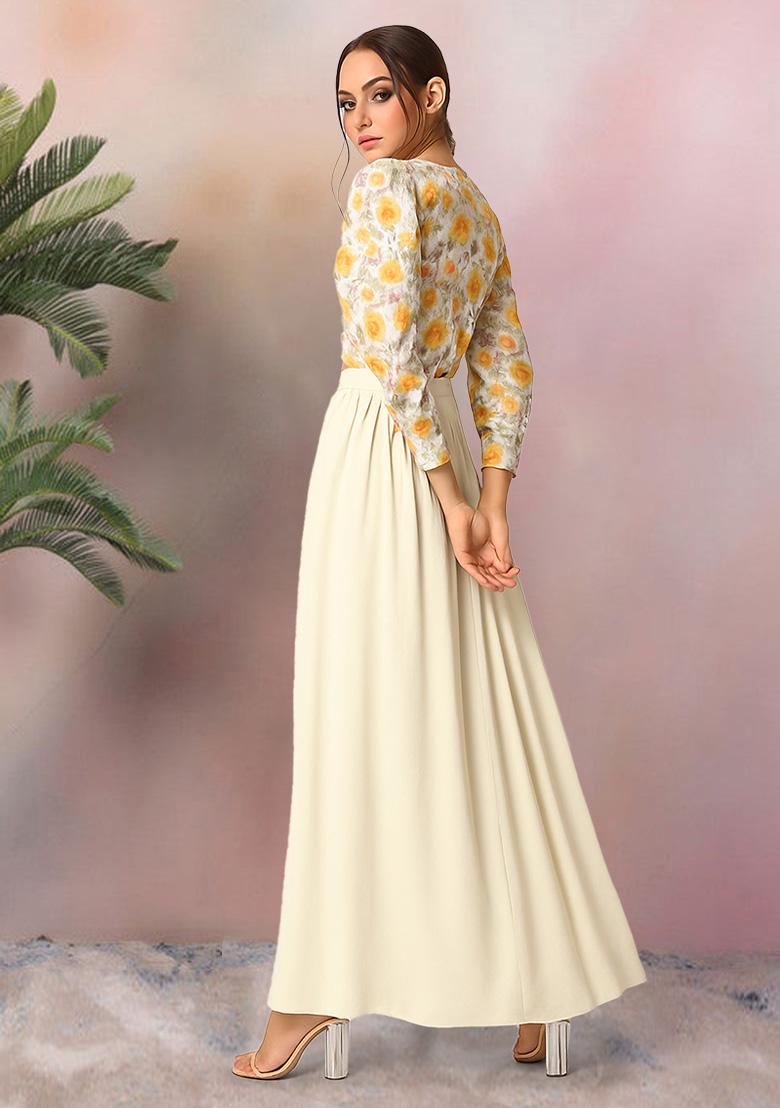 Beige Georgette Printed Embroidered Crop Top And Skirt Set - Indya