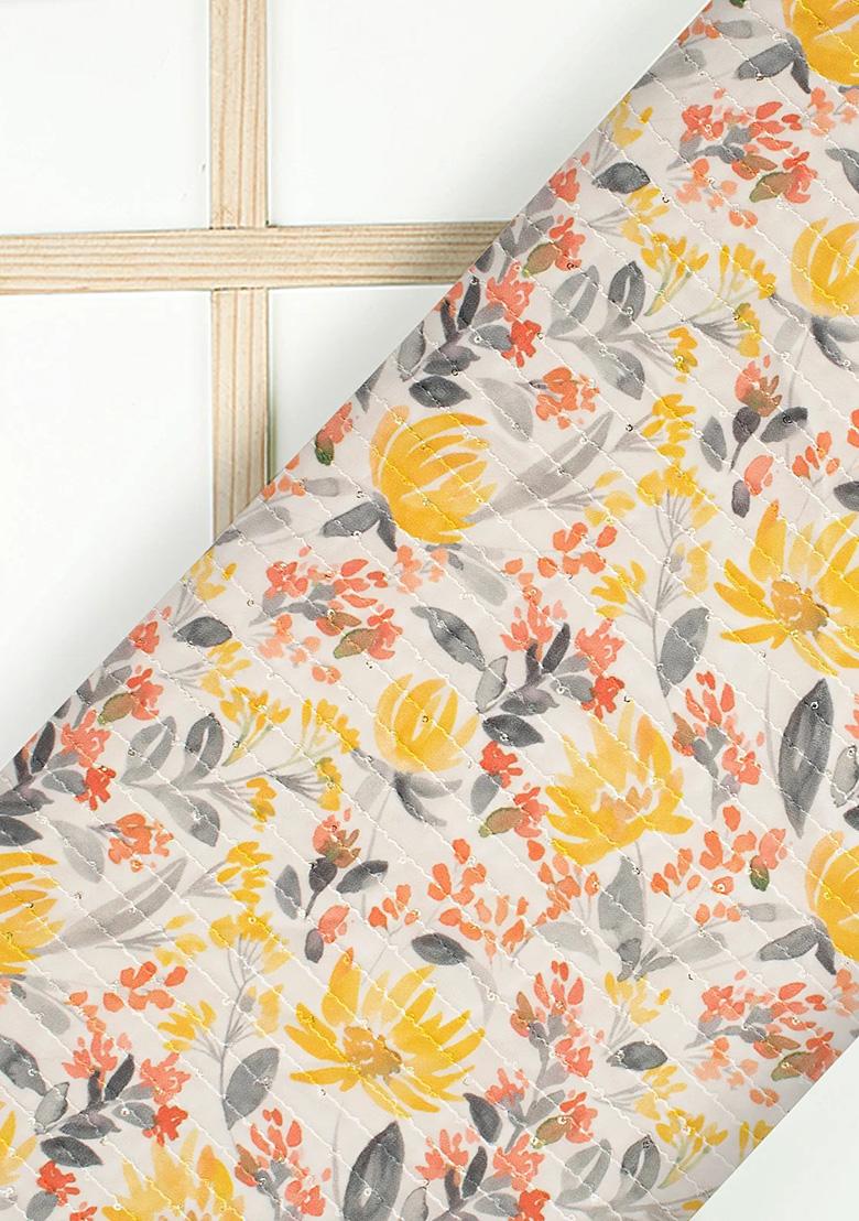 Beige Georgette Printed Embroidered Crop Top And Skirt Set - Indya