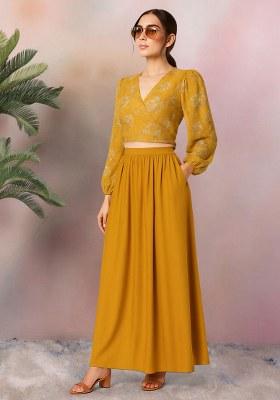 Mustard Yellow Georgette Printed Embroidered Crop Top And Skirt Set