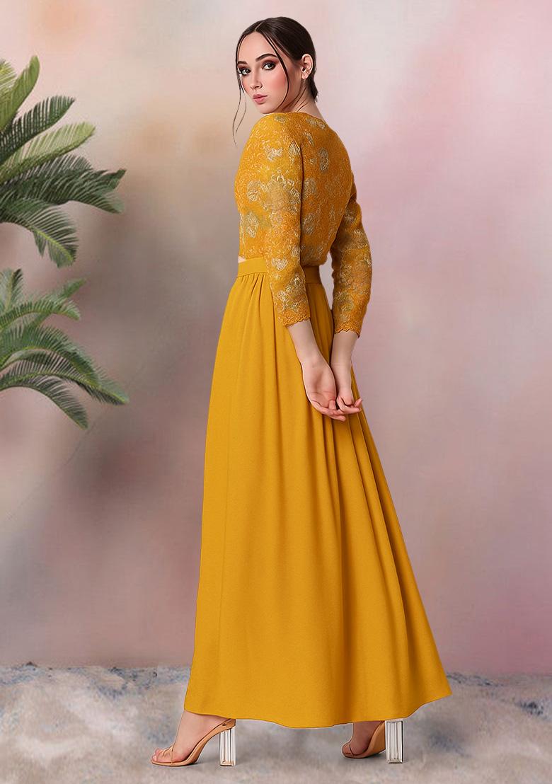 Mustard Yellow Georgette Printed Embroidered Crop Top And Skirt Set - Indya