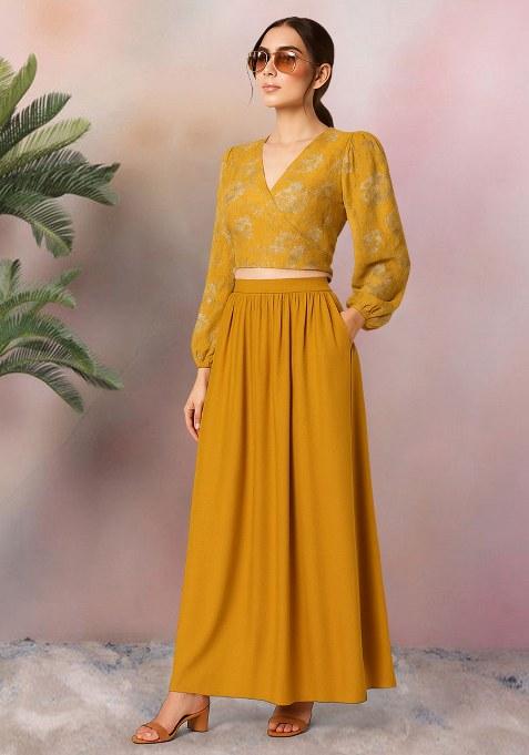 Mustard Yellow Georgette Printed Embroidered Crop Top And Skirt Set