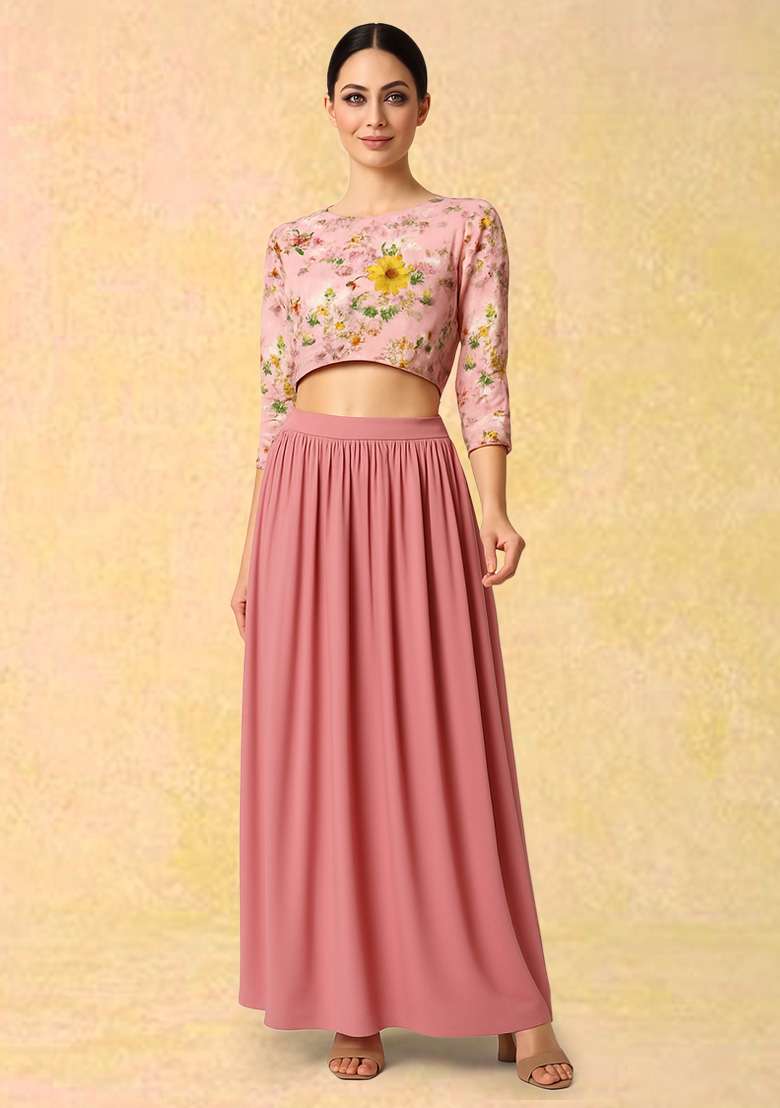 Pink Satin Fusion Set with Floral Printed for Diwali | Wedding & Festive Wear - Indya