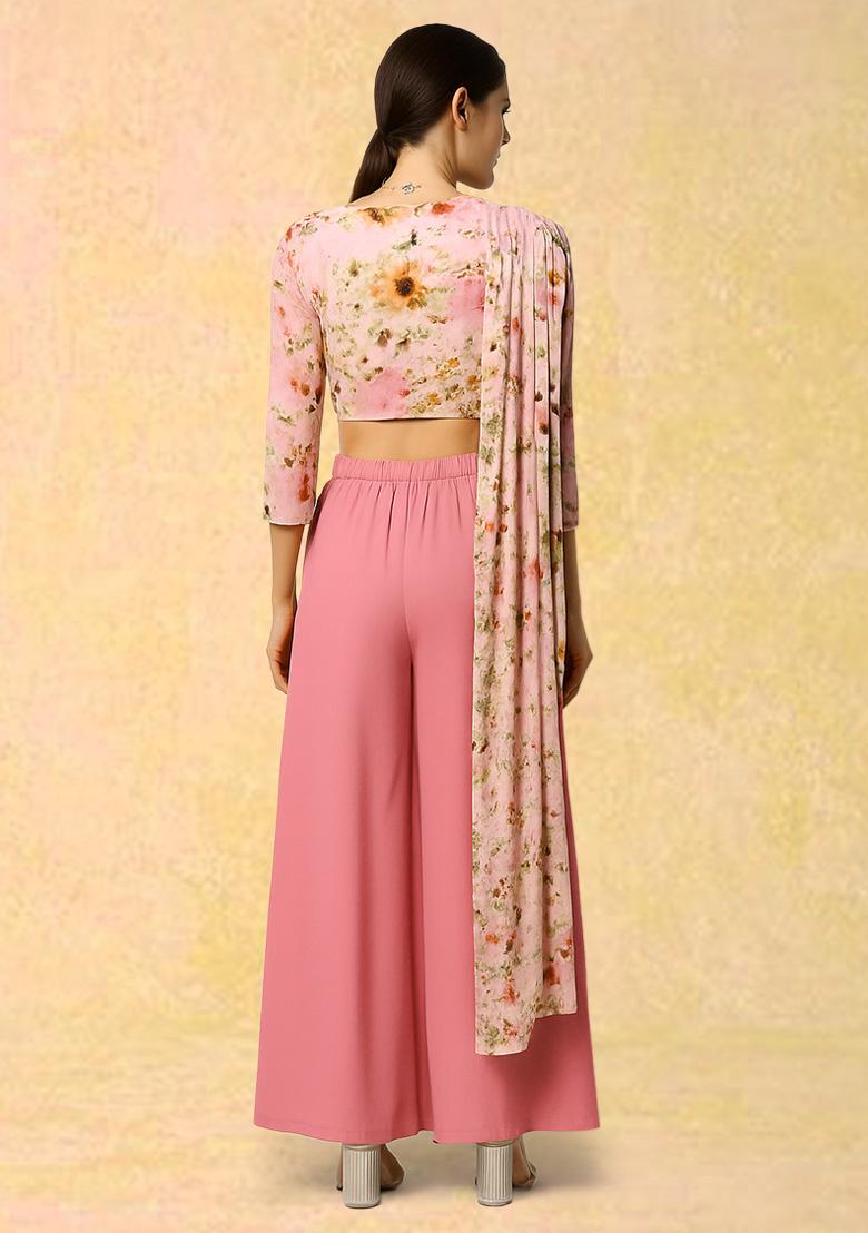 Pink Satin Floral Printed Fusion Set - Indya