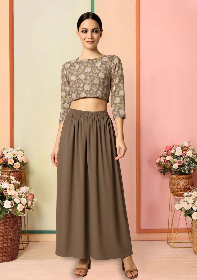 Light Brown Satin Floral Printed Fusion Set for Diwali and Festive Wear - Indya