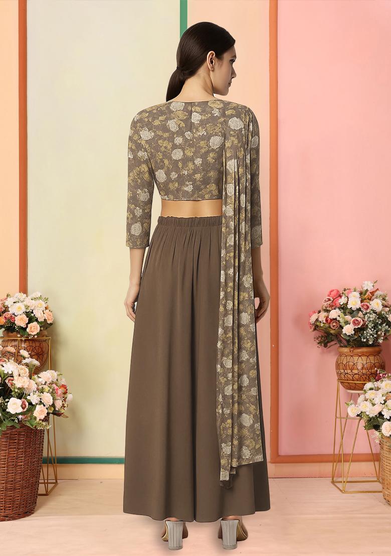 Light Brown Satin Floral Printed Fusion Set - Indya