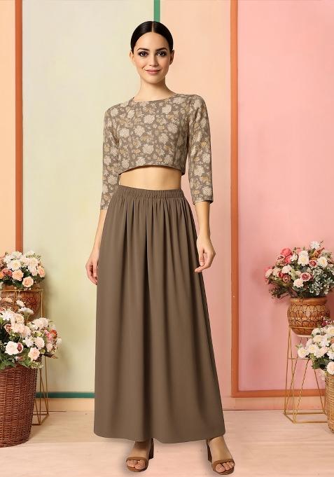 Light Brown Satin Floral Printed Fusion Set