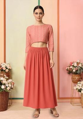 Peach Satin Floral Printed Fusion Set