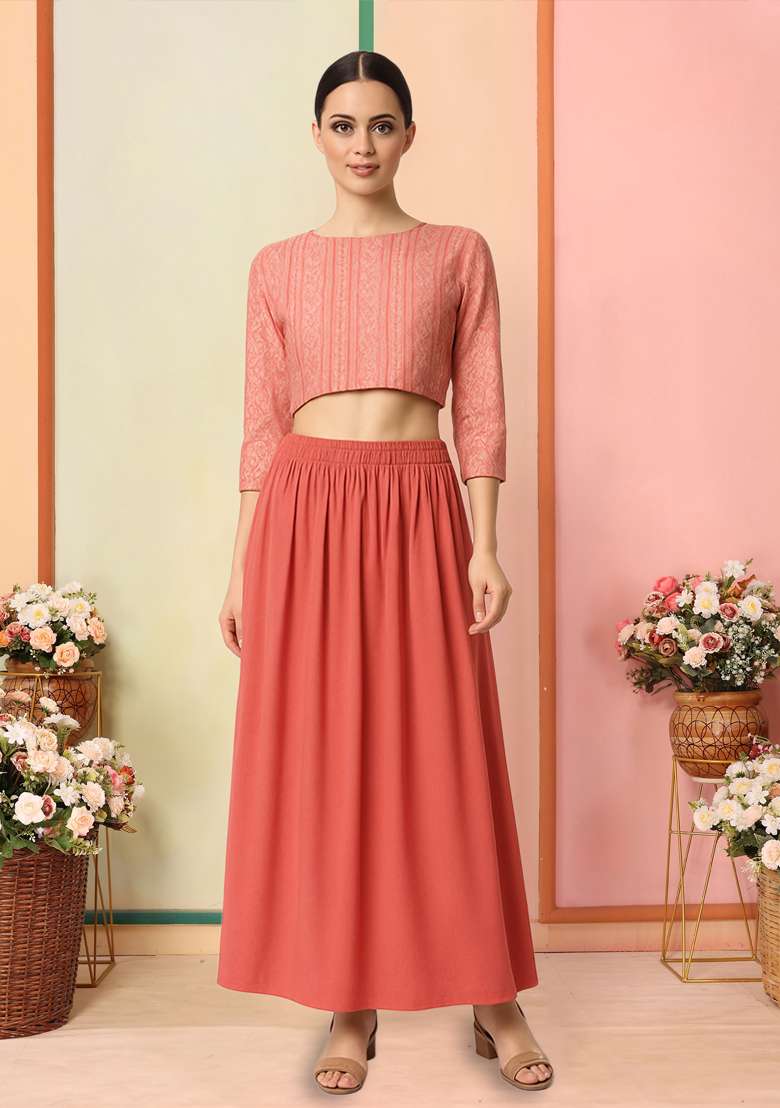 Peach Satin Fusion Set with Floral Printed for Diwali | Wedding & Festive Wear - Indya