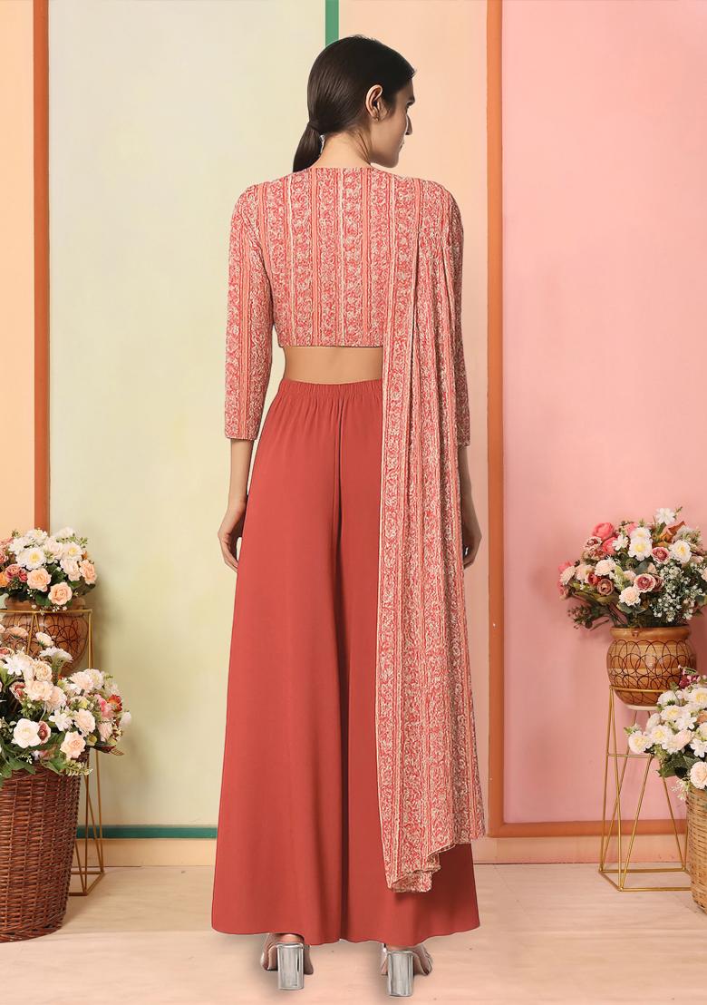 Peach Satin Floral Printed Fusion Set - Indya