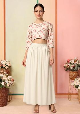 White Satin Floral Printed Fusion Set