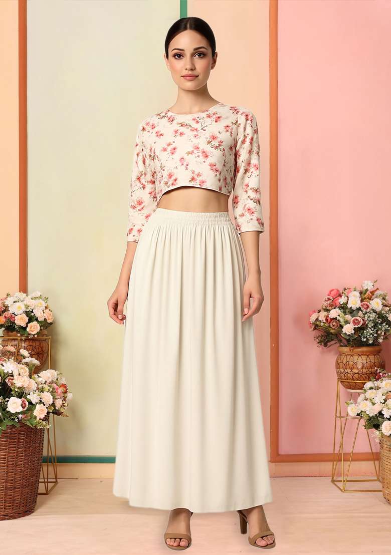 White Satin Fusion Set with Floral Printed for Diwali | Wedding & Festive Wear - Indya